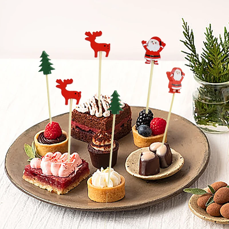 50/100PCS Christmas Bamboo Sticks Cartoon Santa Claus Snowflakes Buffet Cupcake Fruit Forks Christmas Dessert Cocktail Sticks