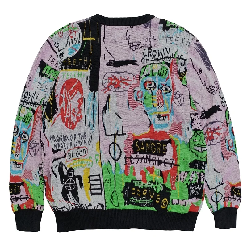 معطف كلاسيكي مطبوع عليه جرافيتي للرجال والنساء سترات يابانية برقبة على شكل حرف V فضفاضة غير رسمية محبوكة ملابس كبيرة الحجم