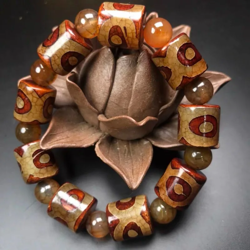 Old Agate Three-eyed Dragon Pattern Dzi Beads, Tooth Yellow Bracelet, Lucky Bracelet, Orb, Rosary Bead, Buddha Bead.