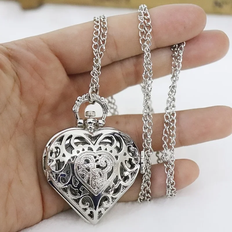 Heart Shape Pocket Watch Silvery Necklace Pocket Watch Boho Hollow Quartz Watch Ladies Sweater Chain Accessories  Year Presents