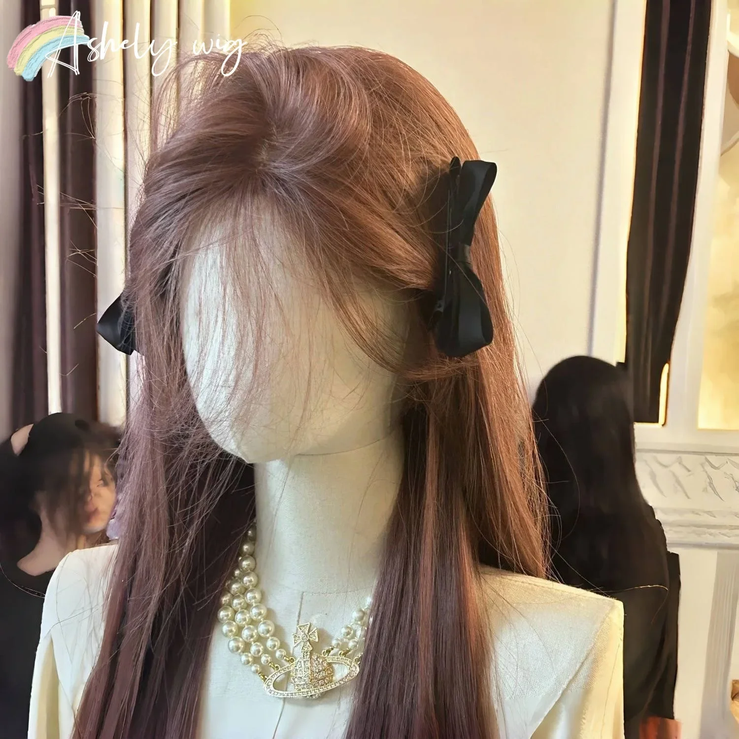 Lace Front Synthetic Wigs Pink Brown Wig Long Straight Lolita Wig Female Cosplay Heat Resistant Wig for Daily Use 가발