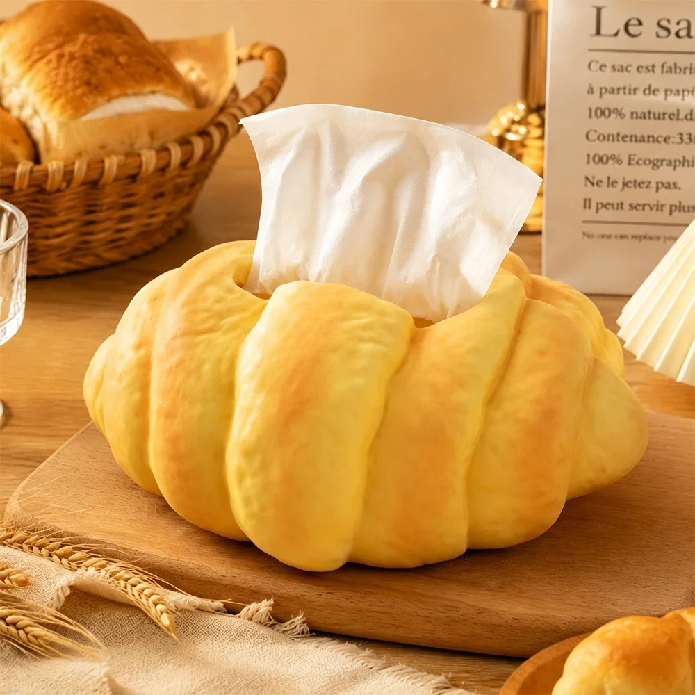 Creative Croissant Tissue Box  Cute Desktop Napkin Dispenser Home Office Table Decor Butter Yellow