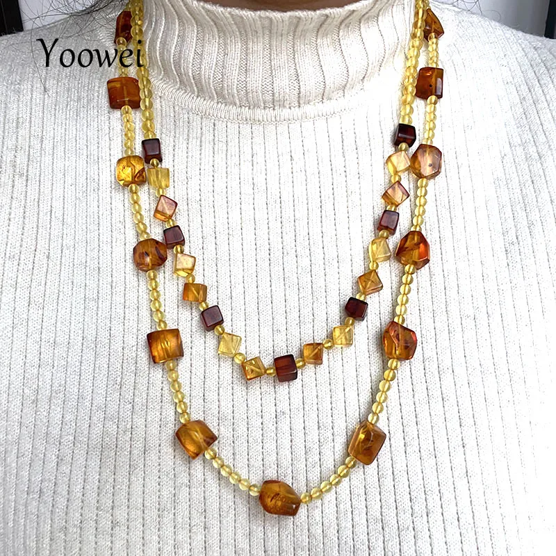 Yoowei 100% Natural Amber Necklace Floral Beads New Real Original Handmade Round Golden Baltic Amber Jewelry Unique Jewelry Gift