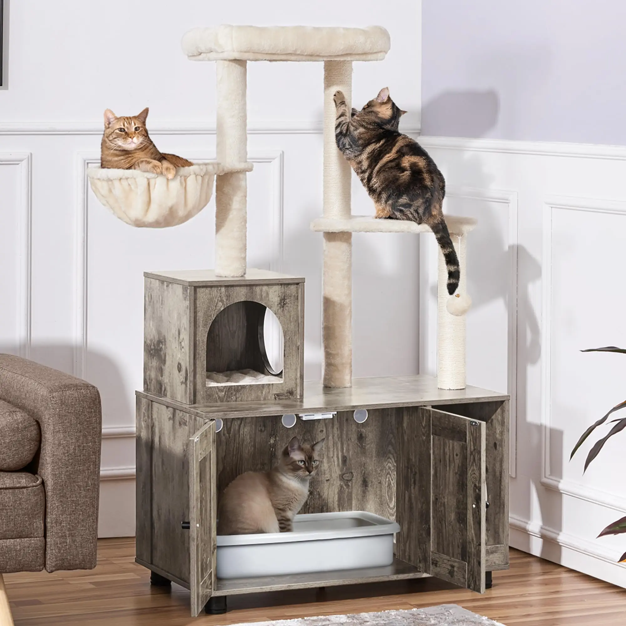 Litter Box Enclosure with Cat Tree, All-in-one Indoor Kitten House w/Scratching Posts, Wooden Cat Litter Box Furniture