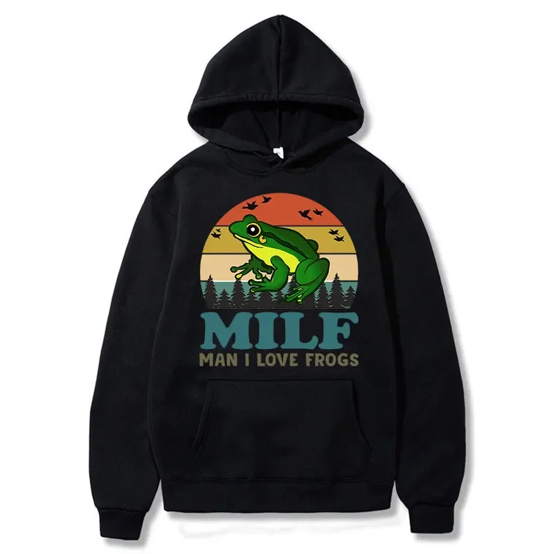 MILF Man I Love Frogs Funny Saying Frog Amphibian Lovers Vintage Hoodie Men's Long Sleeve Sweatshirt Unisex Clothes Teens