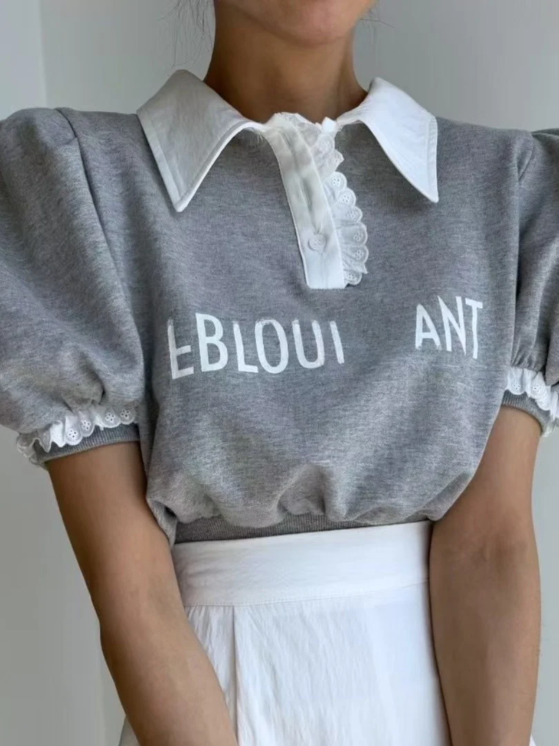 

Color Blo Ne Letter Print Sweatirt Women's Summer New Sle Agel Lace Bubble Sve Top Quali Knittedwear