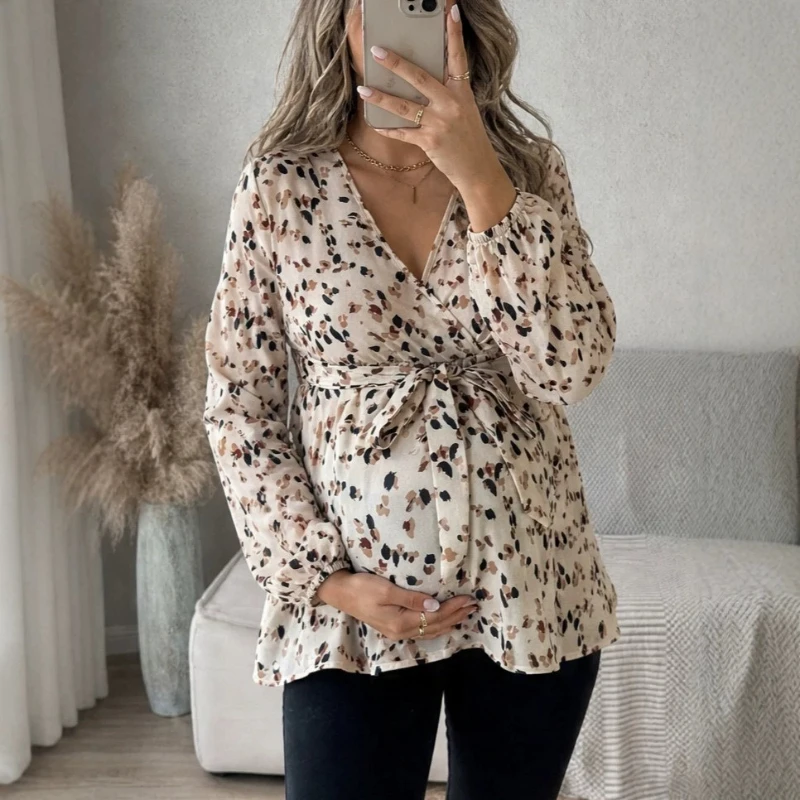 European and American Pregnant Women's V-neck Printed Long Sleeved Shirt With Waistband Pregnant Women's Top