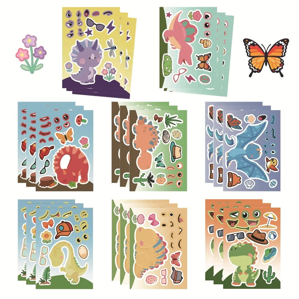 8/16Sheets Cartoon Cute Little Dinosaur Face Puzzle Stickers PVC Material Children’s Educational Decoration DIY Toy Gift Sticker