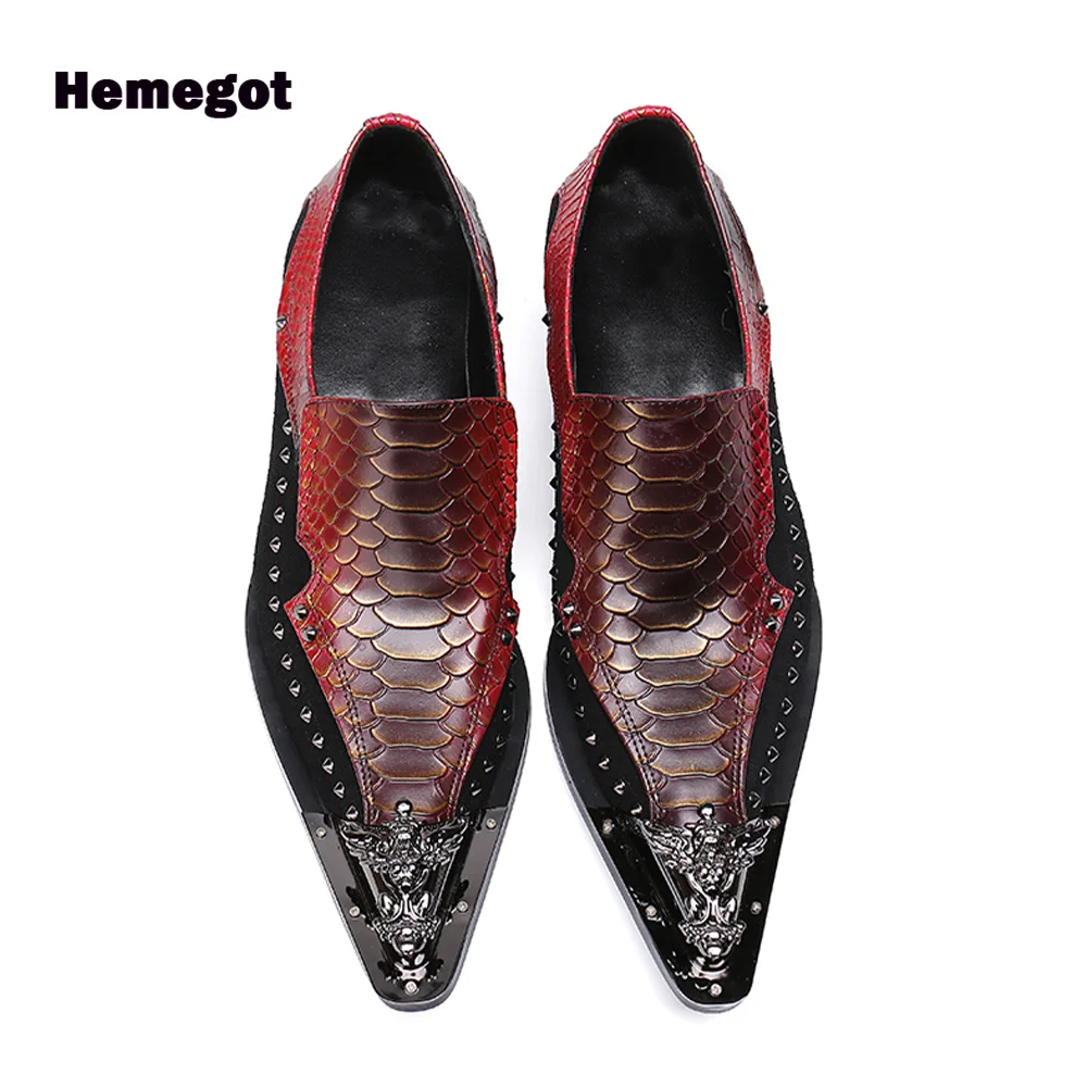 Metal Iron Toe Shoes Men Pointed Toe Rivets Trim Cowhide Casual Men's Shoes Evening Party Leather Shoes Slip-on Loafers Men