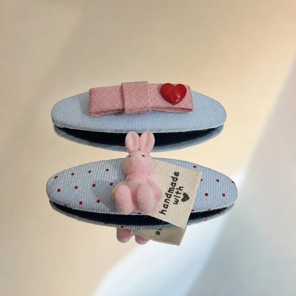 2PCS Set Polka Dot Pattern Bunny Hair Clip Heart Decor Blue Color Side Bangs Clip Fabric Material Pink Rabbit Decor