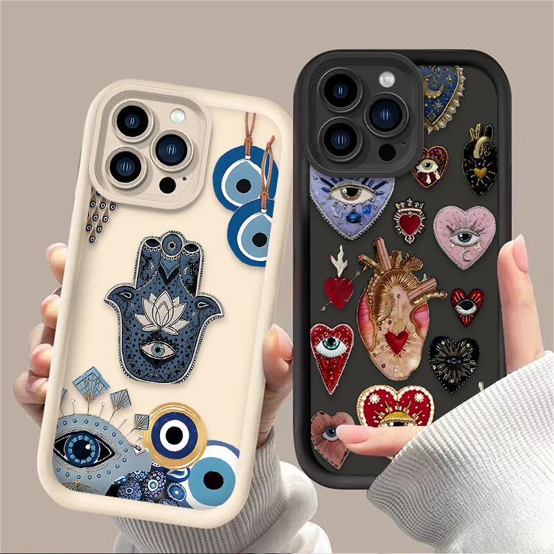 Evil Eye Art Love Heart Matte Phone Case For iPhone 16 15 14 13 12 11 Pro Max X XS X S Max XR SE 2020 7 8 Plus Silicone Cover