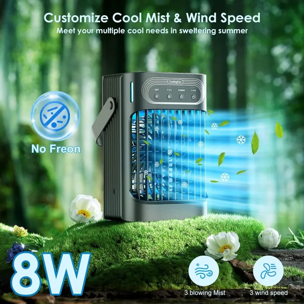 Portable Air Conditioners Cooling Fan, Evaporative Mini Air Conditioner Portable with 3 Cool Mist & Speeds, 7 Night Light &Timer