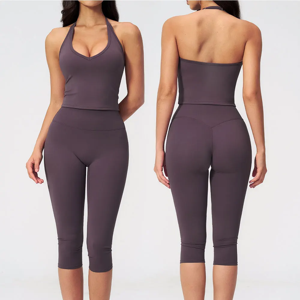 2‑Piece Women Workout Yoga Suit Halter V‑Neck Sleeveless Tank Top + High Waist Capri Pants Elastic Yoga Vest Sports Fitness Set