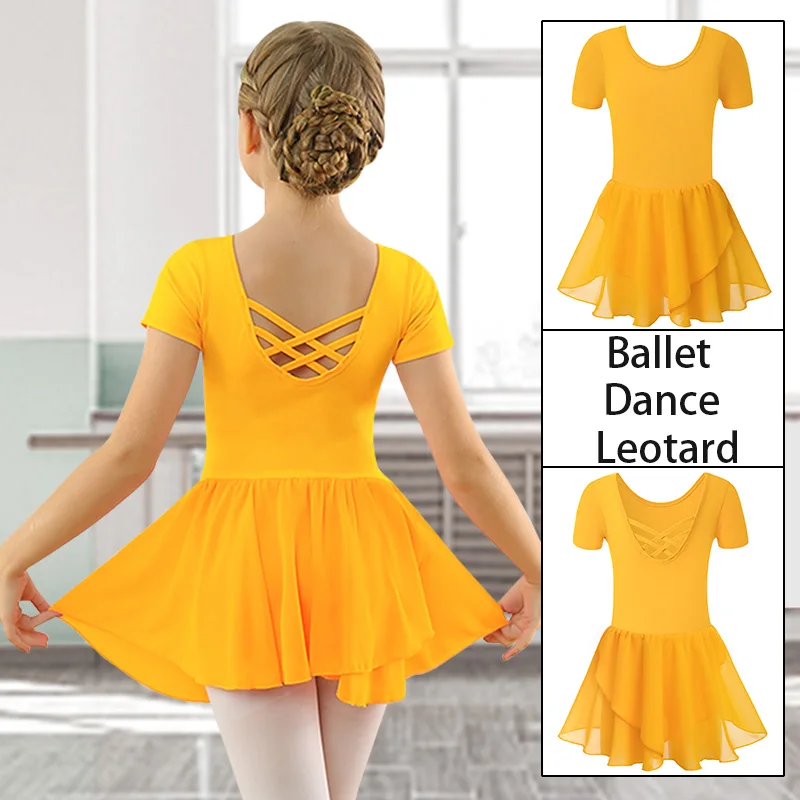 Body da danza classica per ragazza, manica corta, girocollo, per ragazza, ginnastica, gonne da ballo con cinghie incrociate sul retro