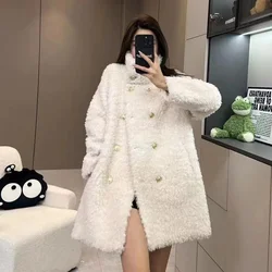 Black Lamb Wool Coat 2024 Autumn/Winter New Popular Popular Maillard Small Fragrance Style High Grade Fashion Mid length Top WLF