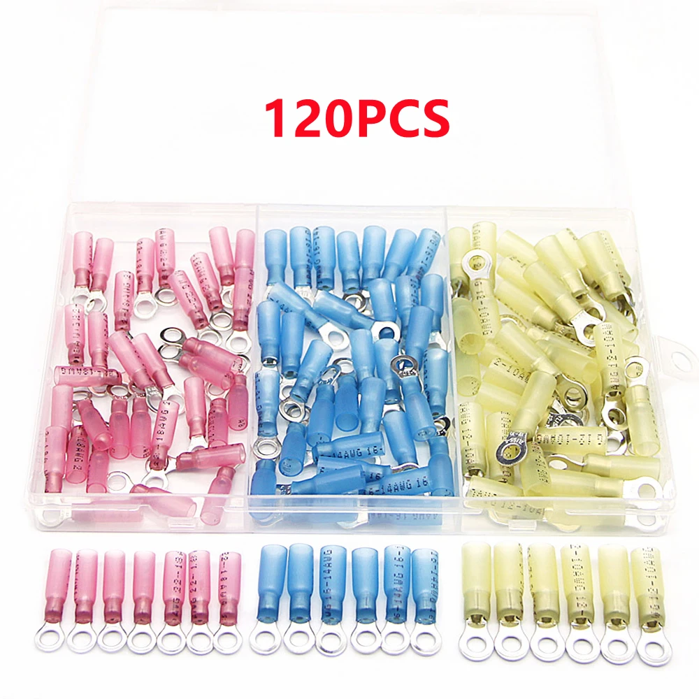 120PCS Heat Shrink RV Ring Insulated Terminals Wire Cable Connectors Red Blue Yellow Electrical Wiring Crimp Terminals