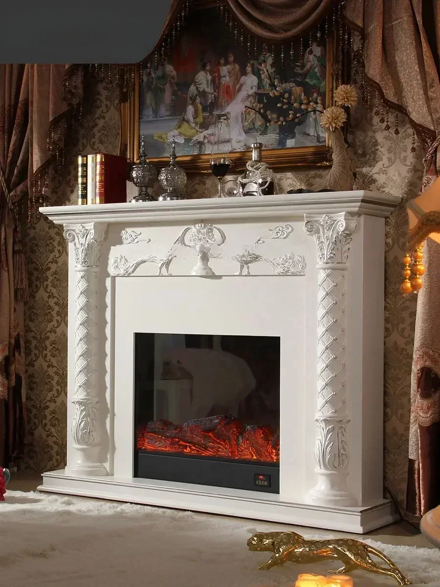 European-Style New Classical Living Room White Silver Fireplace Curio Cabinet French Retro Led Heating Electric Fireplace