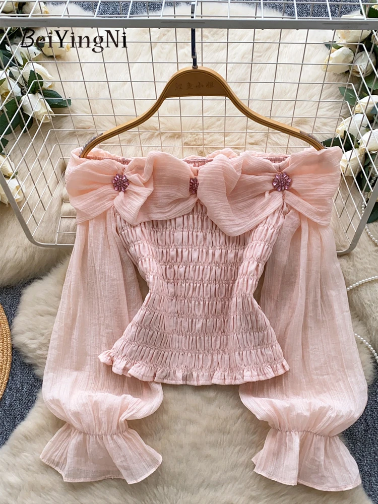 

Beiyingni, весенне-осенние женские блузки с 3D цветочным принтом, белые, розовые блузки с длинными рукавами, женские эластичные элегантные шифоновые рубашки с разрезом на шее