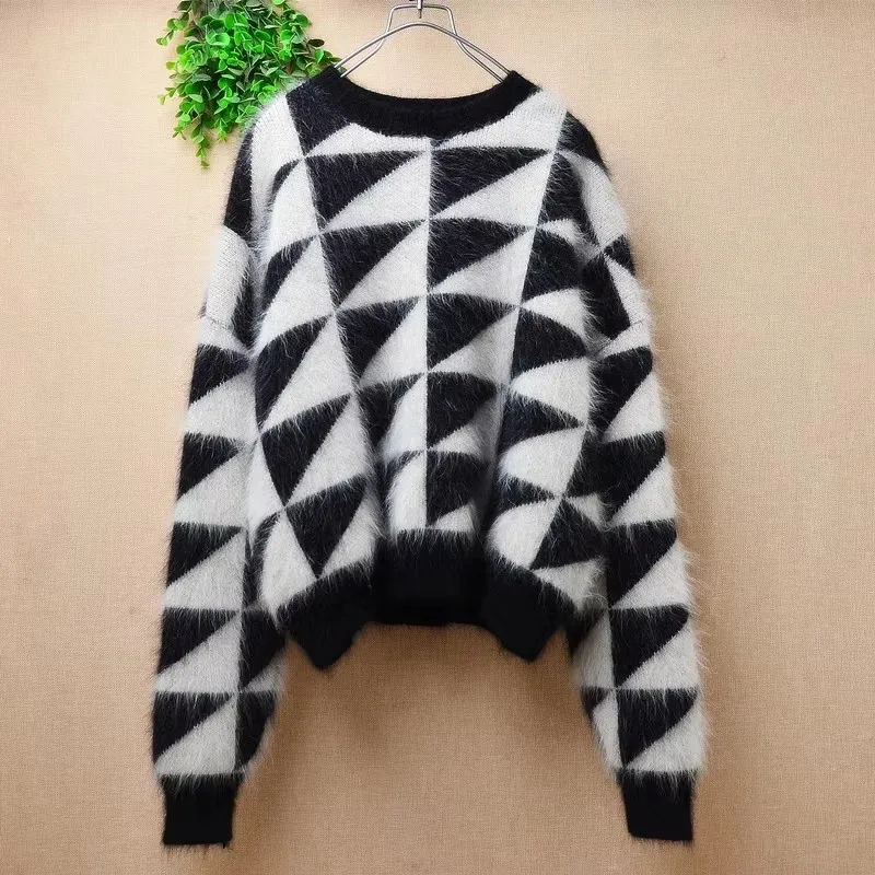

Ladies Women Fall Winter Clothing Hairy Plaid Hairy Angora Rabbit Hair Knitted O-Neck Short Style Loose Pullover Sweater Jumper