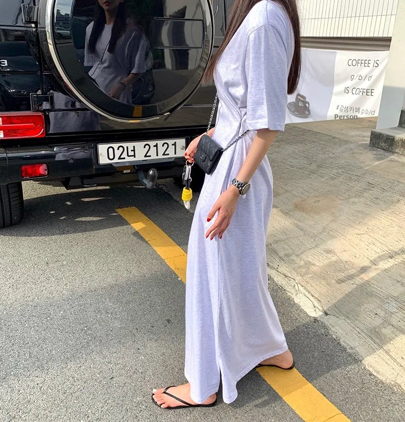 Chic ample femmes T-shirt Dr rond Ne côté bouton taille cintrée jupe longue coréen Sle taille haute coton été Dr