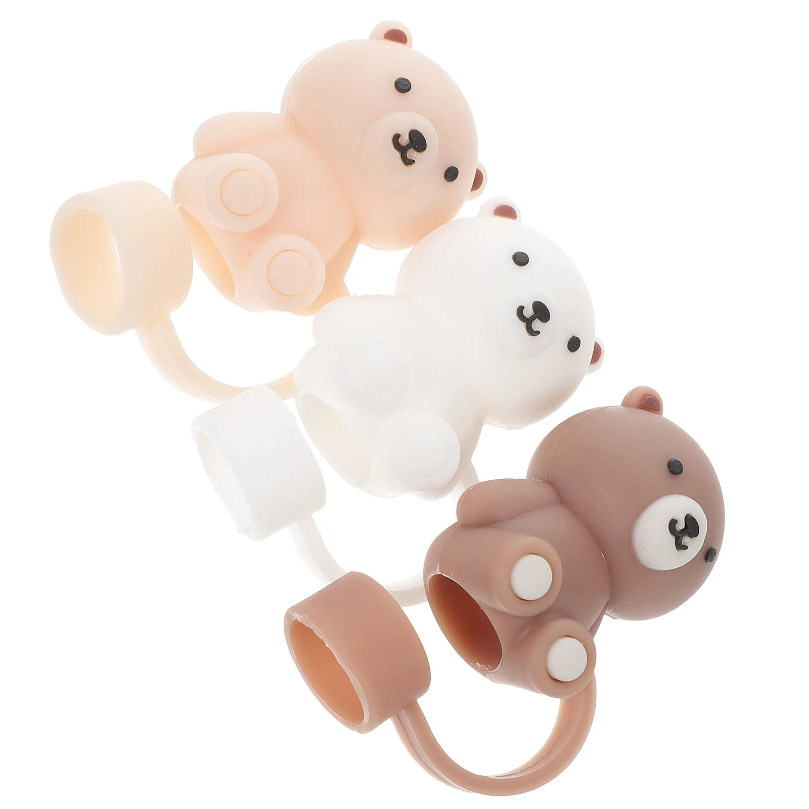 Cartoon Bear Straw Covers for Reusable Cup Users to Keep Straws Clean, 3-Piece Silicone Set in Assorted Colors for 12 mm Straws