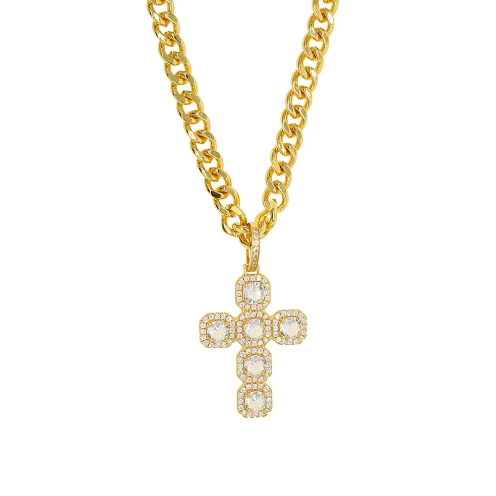 Iced Out Cuban Chain Cross Pendant Necklace Mens Micro Paved Gold Color Cross Charm Hip Hop Jewelry