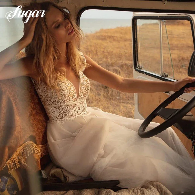 Tiulowe Suknie Ślubne Dekolt V 2025 Linia A Koronkowe Aplikacje Plażowe Vintage Suknie Ślubne Szyte na Miarę Suknie Ślubne w Stylu Bohemy Personalizowane