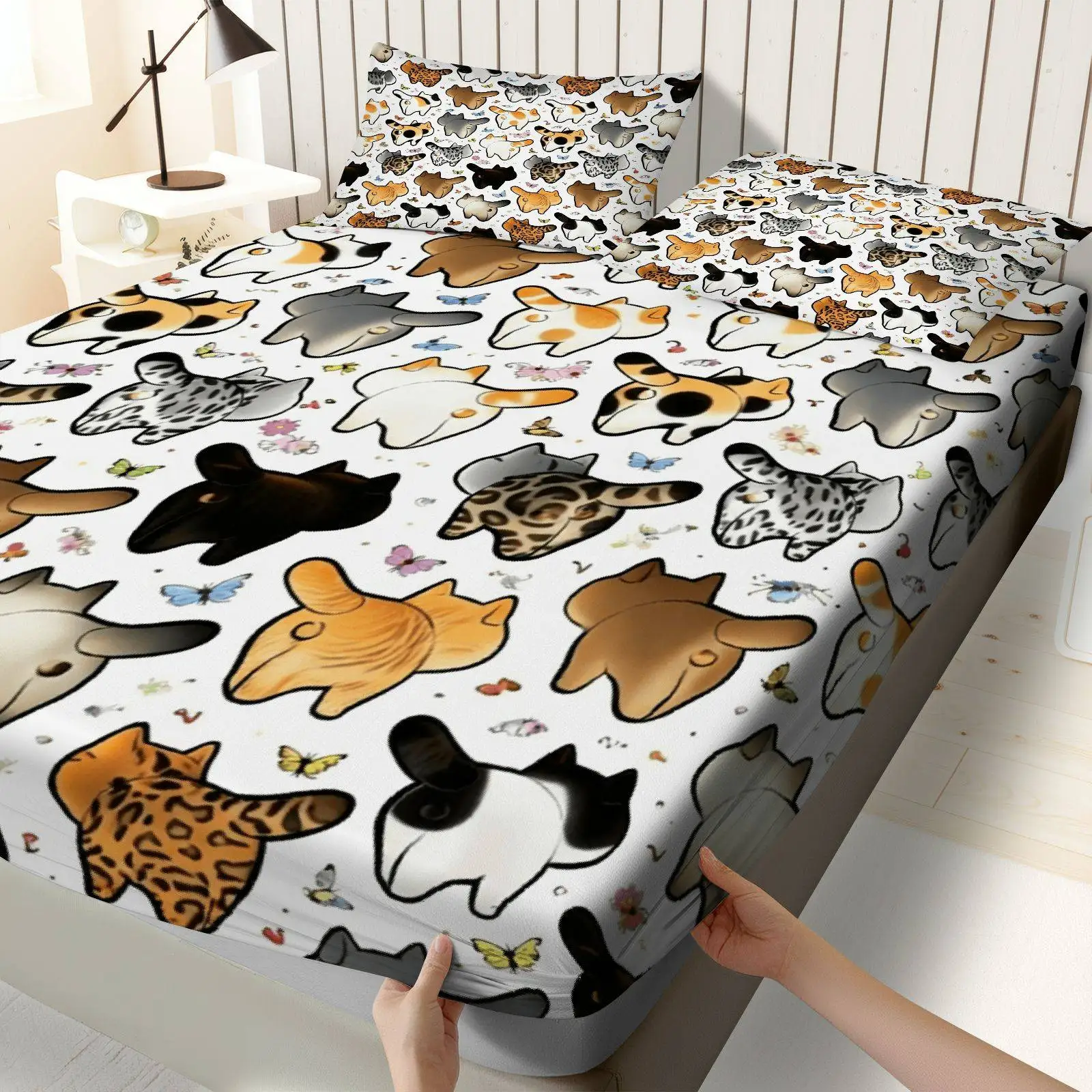 3-Piece Mattress Protector Set, 2D Flat Printed Fitted Sheet, Cute Cat Pattern Fitted Sheet Set with Animal Theme, Cat Bedding, Home Bedroom Decoration, Holiday-Themed Fitted Sheet and Pillowcase, Mattress Protector, Stain-Resistant, Mattress Cover Suitable for All Seasons, Machine Washable, Easy to Care For, Suitable for Home Bedroom, Essential for Dormitories and Rentals, Master Bedroom Decoration, Dust-Proof and Stain-Resistant, High Elasticity, Fits Various Sizes