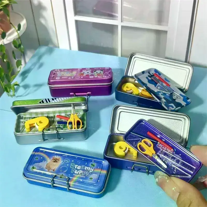 Dollhouse Miniature Double Layer Iron Pencil Box Pen Ruler Measuring Tape Scissors Model Micro Landscape Decor Pretend Play Toy