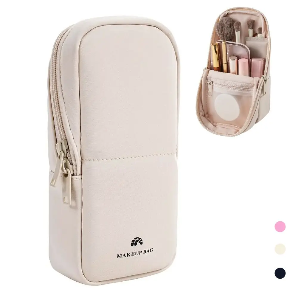 Magnetic Snap Travel Makeup Bag Large Capacity PU Leather Toiletry Bag Portable Zipper Closure Makeup Brush Case Vacation