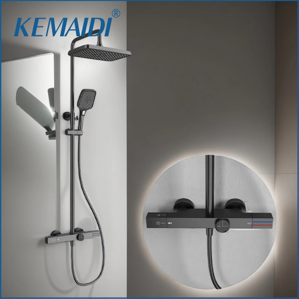 

KEMAIDI Gray Thermostatic Shower Set Bathroom Shower Faucet Set Multifunctional Bath Shower System W/ Hand Shower Sprayer Brass