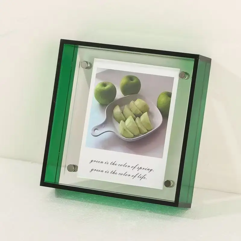 Green Square Acrylic Photo Frame, Inner Frame 16x16x4cm, Color Acrylic Photo Frame Stand, Blue Transparent Outer Frame 21cm.