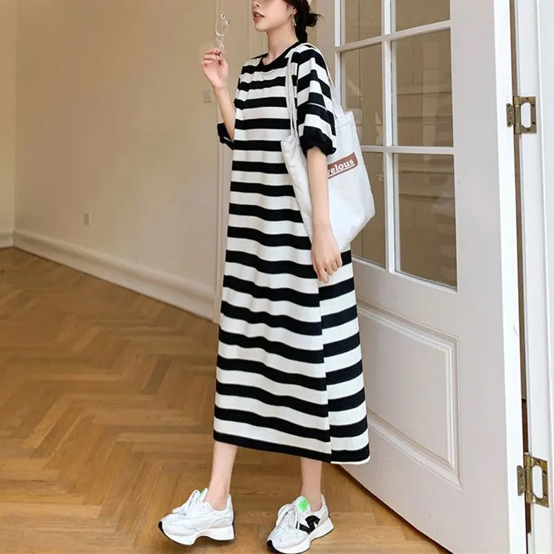 Female Clothing Korean Striped Midi Dress Casual Short Sleeve Summer Loose Round Neck Contrasting Colors Basic Straight Dresses