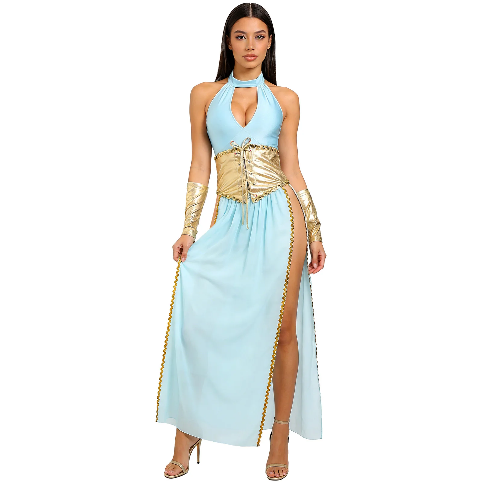 

Womens Arab Princess Cosplay Outfit Belly Dance Halloween Rave Halter Backless Slit Chiffon Hem Dress with Shiny Corset Gloves