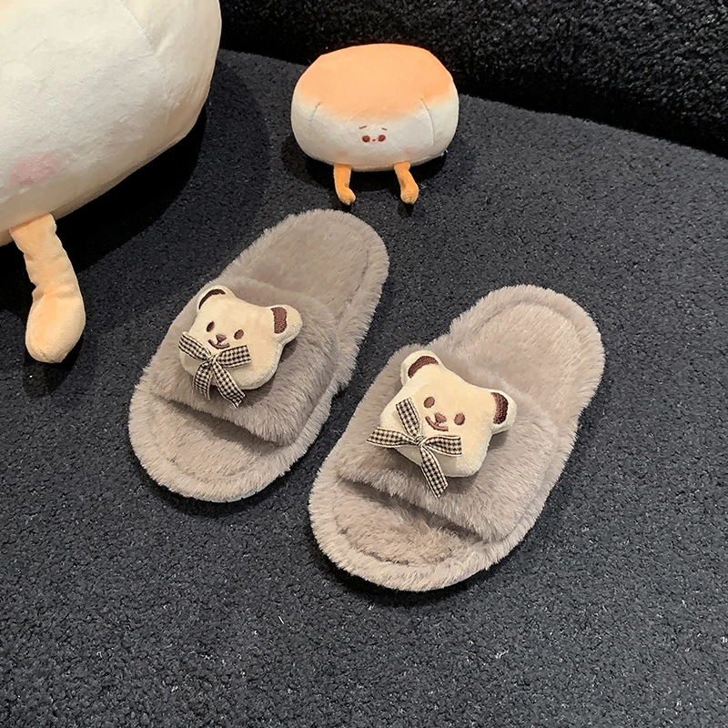 New Winter Children's Slippers for Home Cartoon Bear Doll Boys Girls Fluffy Plush Slippers Open-toe Soft Bottom Kids Flat Shoes