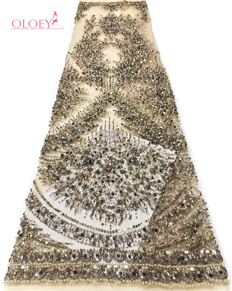 

OLOEY Africa Groom Beaded Lace Fabric High Quality French Sequin Lace Fabric for Bridal Wedding Evening Dress Sewing