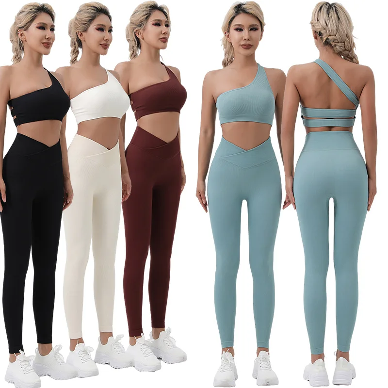 Solider Color Leggings Yoga Suit Women\'s Off Shoulder Bra Crossover Shorts Sets Fitness Workout Pants Sports Set Womens Outfits