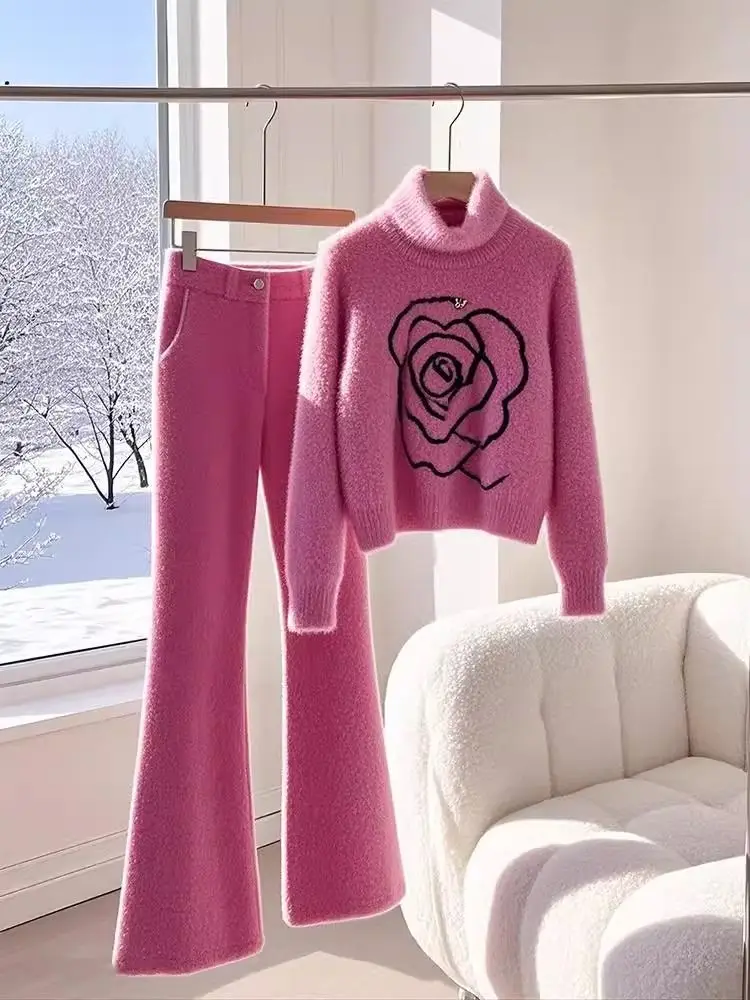 New High Quality Knitted Cashmere Wool Two Piece Set Women Fashion Rose Printed Turtleneck Sweater + Flare Pants Winter Suit