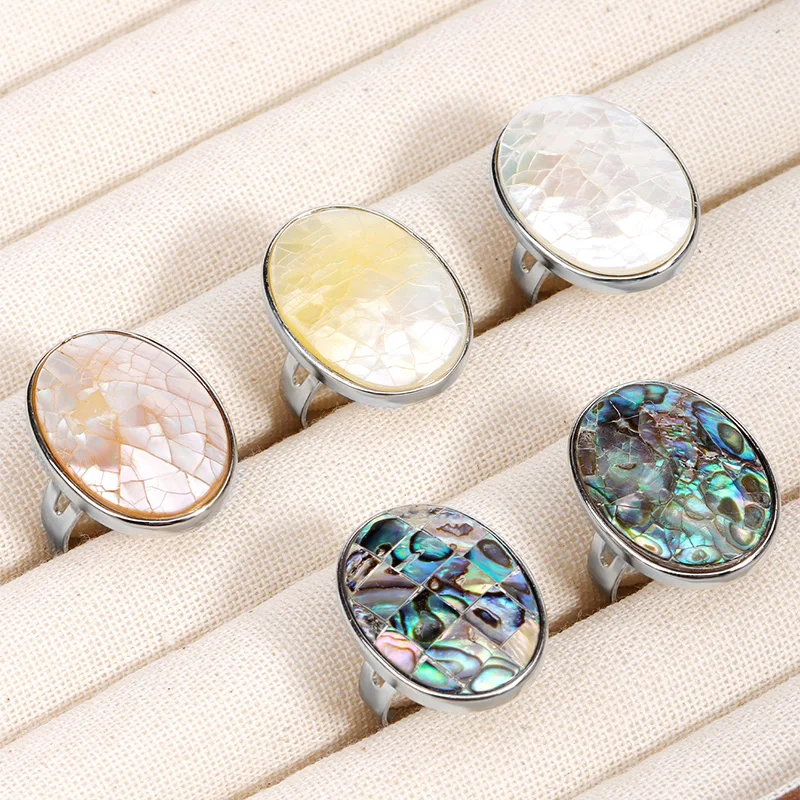 Silver Color  Natural Paua Shell Finger Rings for Men Girl Mother of Pearl Abalone Shell Colorful Yellow Summer Ring Gift F853