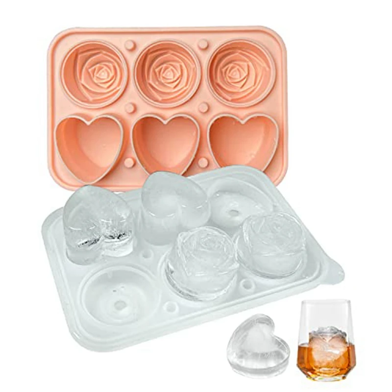 Roses Ice-Cube Mold Heart Shape Ice-Cube Tray Silicone Ice Mold Ice Ball Maker For Whiskey Cocktails Drinks, Pink