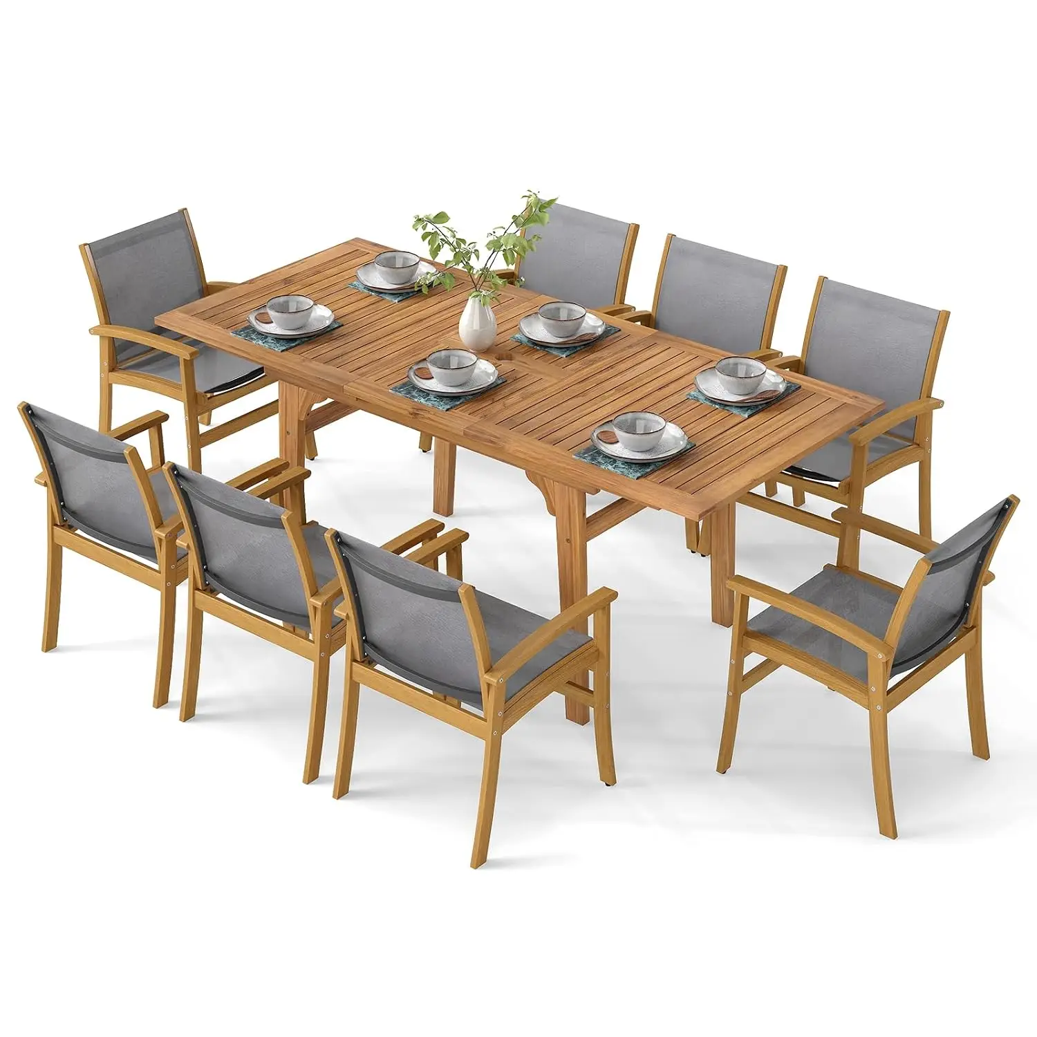 Acacia Wood Outdoor Dining Set 6-8 Seater Expandable Table & Chairs Umbrella Hole Fabric Seat Patio Furniture, Customized