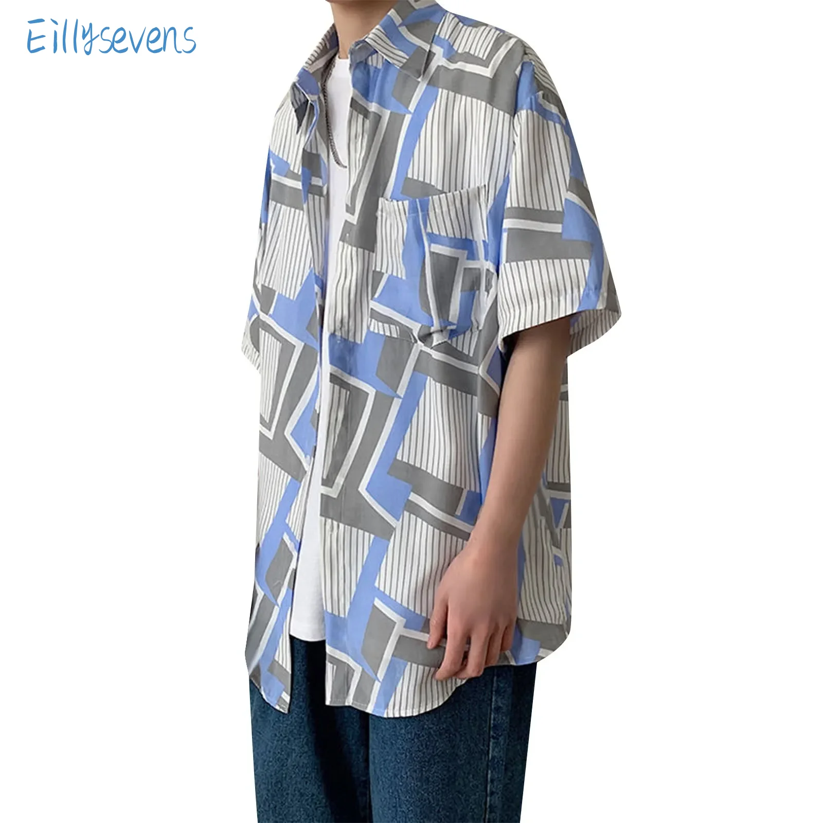 

Men'S Printed Shirts Daily All-Match Lapel Single-Breasted Short-Sleeved Blouse Tops Spring Summer Causal Loose Shirts