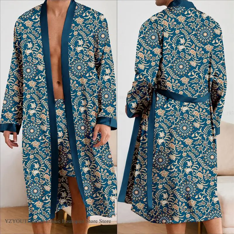 Leopard Men's Robe 2Pcs Pajamas Set Spring Autumn Print Kimono Bathrobe Gown Trouser Suits Casual Satin Homewear Loungewear