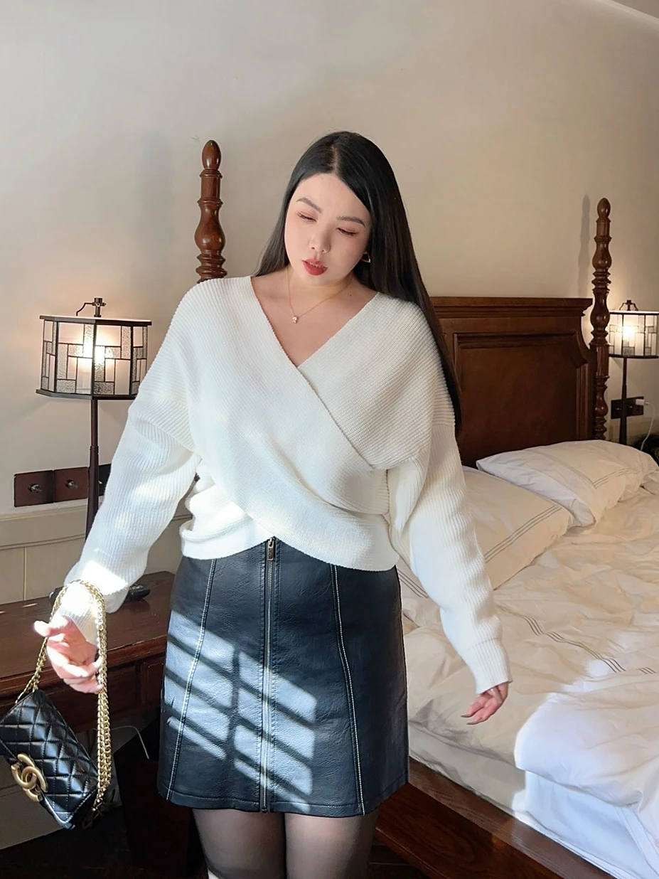 

Вязаный свитер Lagenlook оверсайз с перекрестным вырезом, стройнящий, больших размеров, простой повседневный стиль, модная женская одежда больших размеров