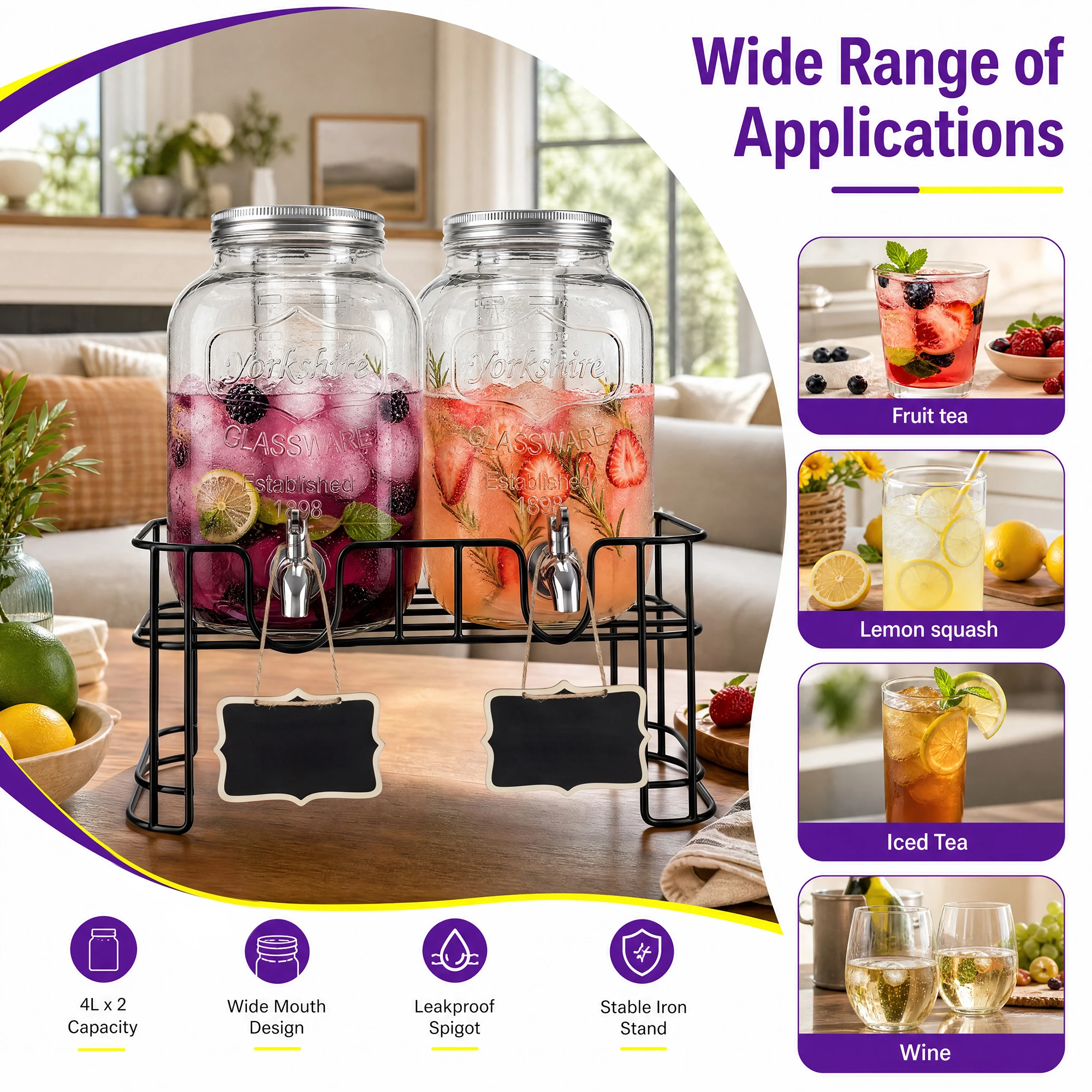 2 Pack 4L Mason Jar Glass Drink Dispenser with Metal Stand, Leakproof Glass Drink Dispenser for Parties Wedding Backyard BBQ Daily Cold Juice Lemonade Iced Tea Storage