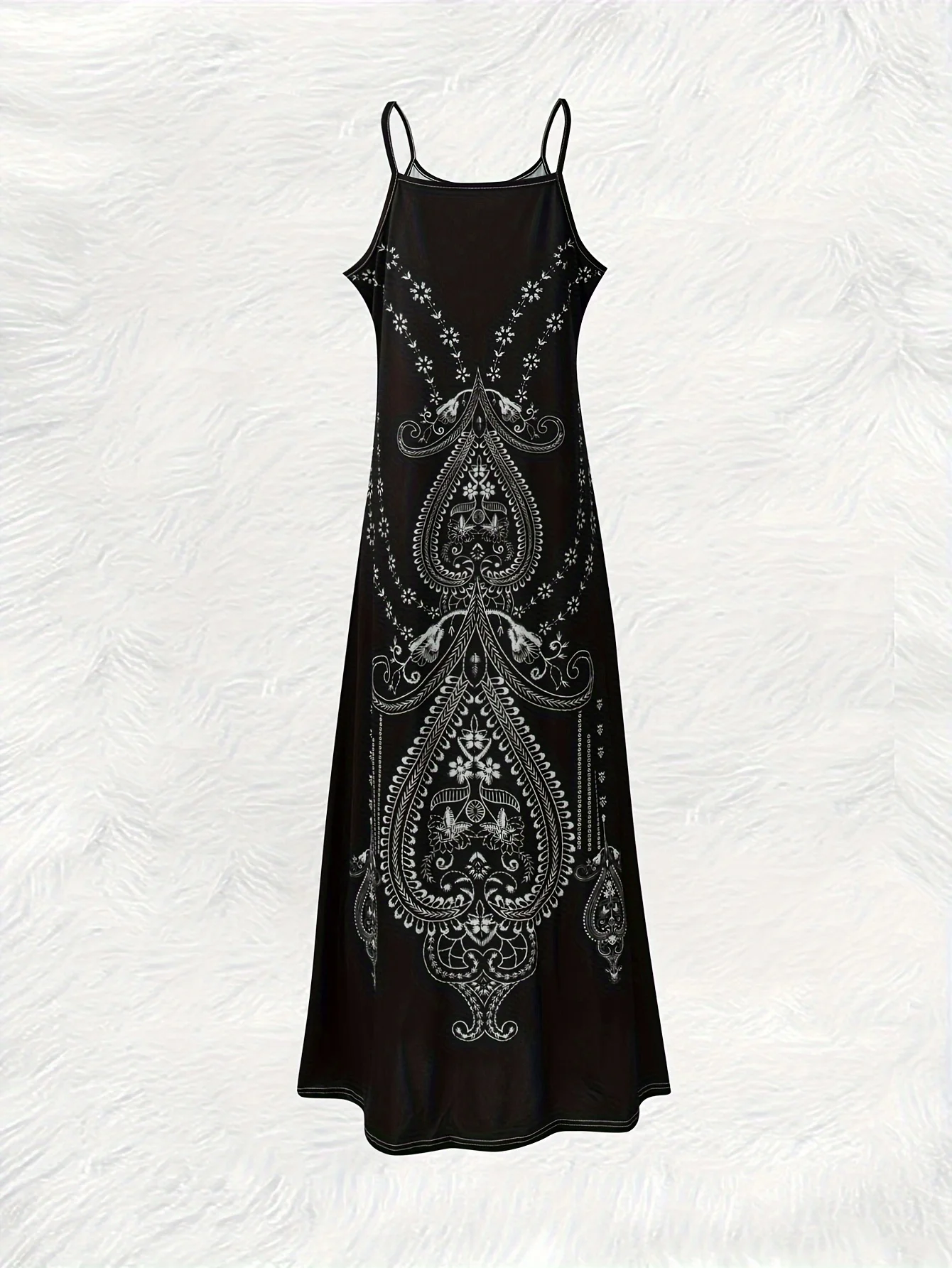 Printed Design summer vacation style Black And White Paisley Pattern pattern content round neck spaghetti strap dress view 2