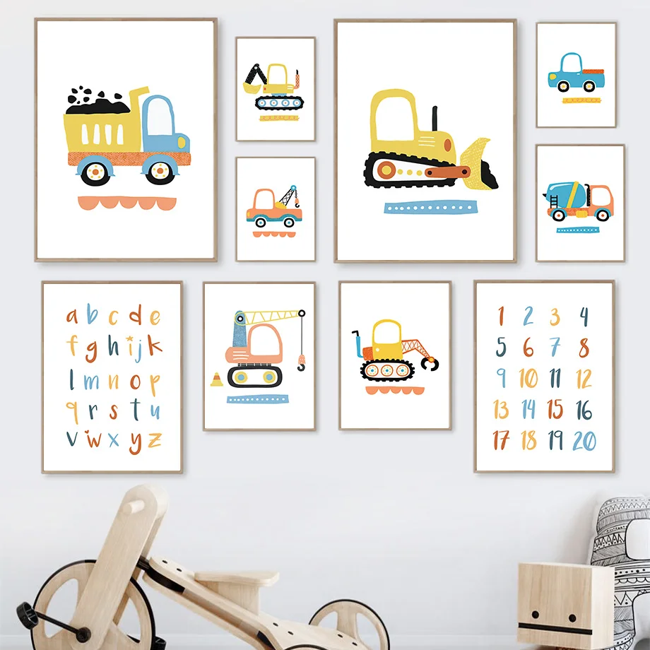 Cartoon Number ABC Car Truck Excavator Wall Art Canvas Painting Nordic Posters And Prints Wall Pictures Kids Boy Baby Room Decor