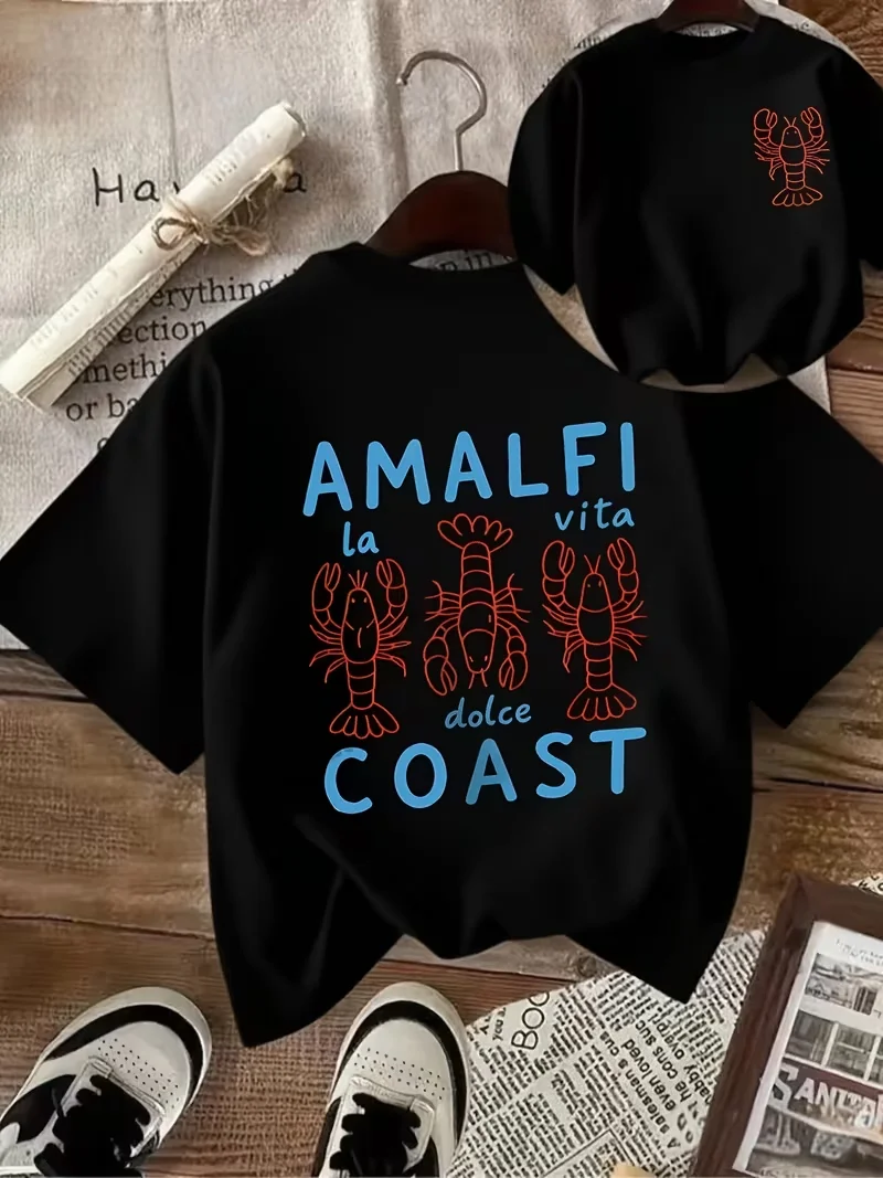 Amalfi Coast Lobster Graphic T-Shirt, Lady's Tops ,Cute Seafood Print Front & Back Top for Women, Breathable Summer Daily Wear
