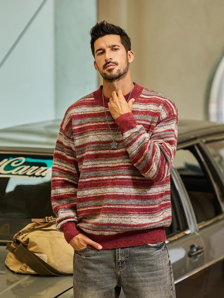 

Laid-ba Sle American Retro Color Blo Knitwear Men's Casual Loose Patterned Sweater Winter Warm round Ne Long Sve