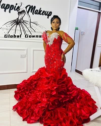 Aso Ebi Red O N Evening Dresses Bead Crystal Appliques 2024 Birthday Luxury Dress Ruffles Graduation Gown Full Sleeve Customized